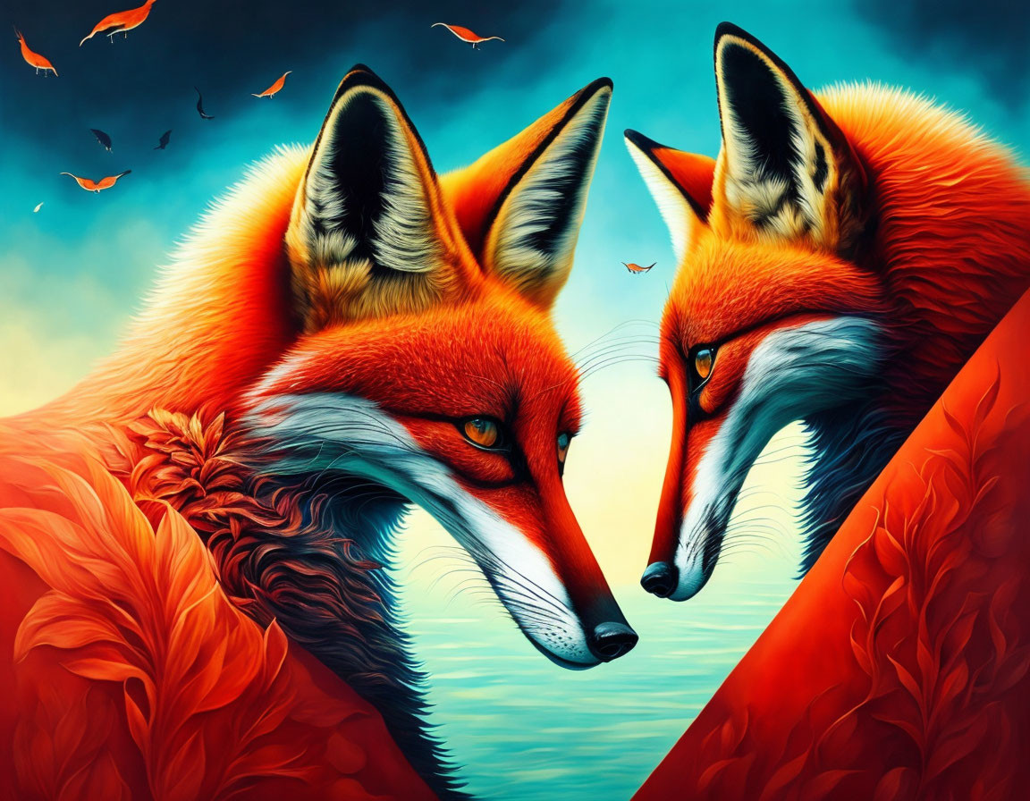 Vibrant stylized foxes in warm colors with blue sky and birds