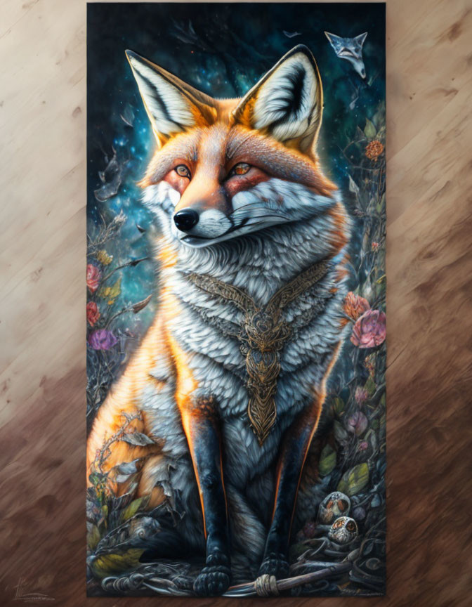 Vibrant fox painting with tribal necklace in ethereal woodland