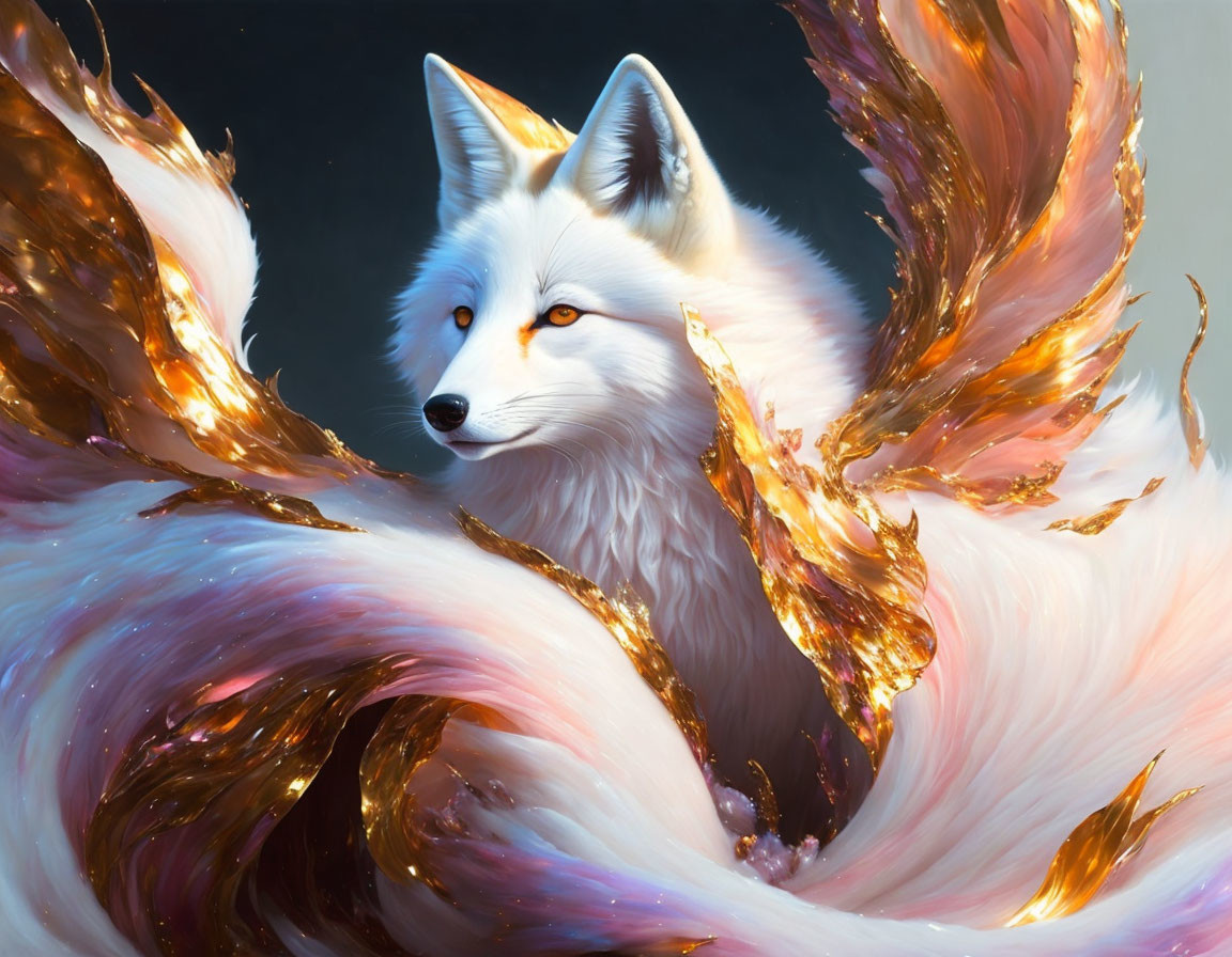 White Fox Surrounded by Flames and Glowing Embers