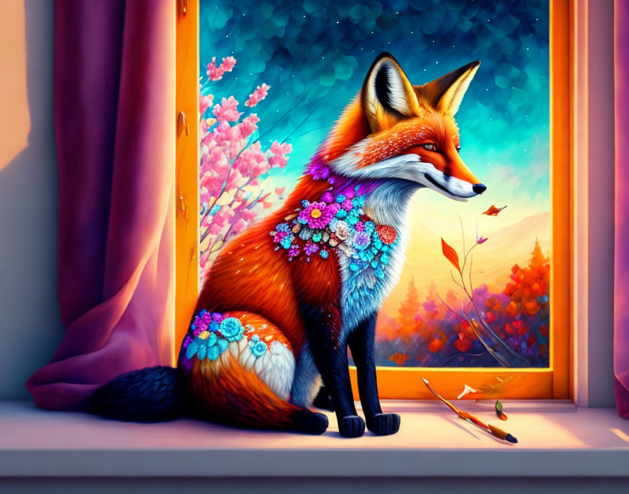 Colorful fox with flowers by window at sunset