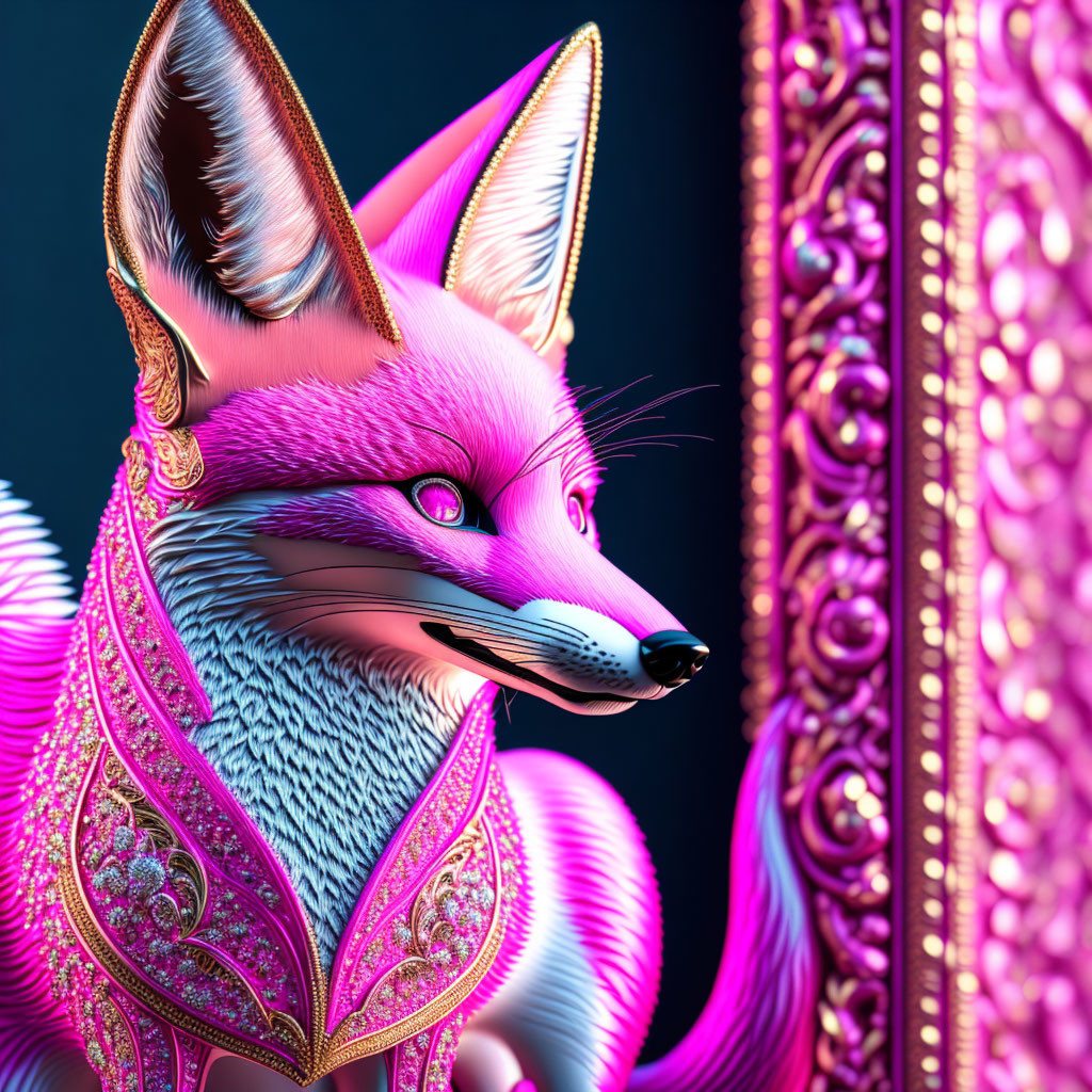 Stylized fox in ornate armor against golden pattern backdrop