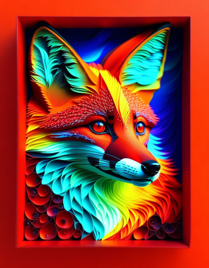 Intricate multicolored paper art of a fox in red frame