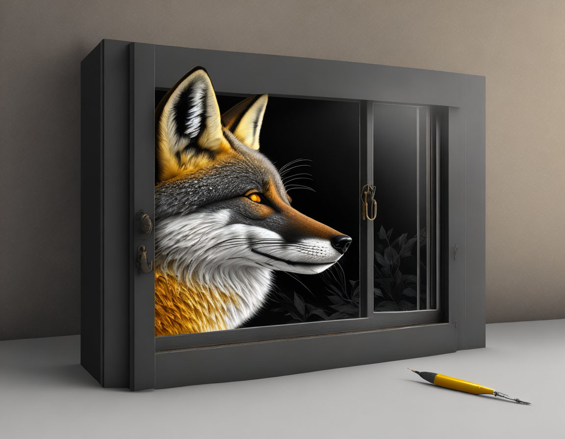 Realistic Fox Head Painting in Shadow Box with Pencil Displayed