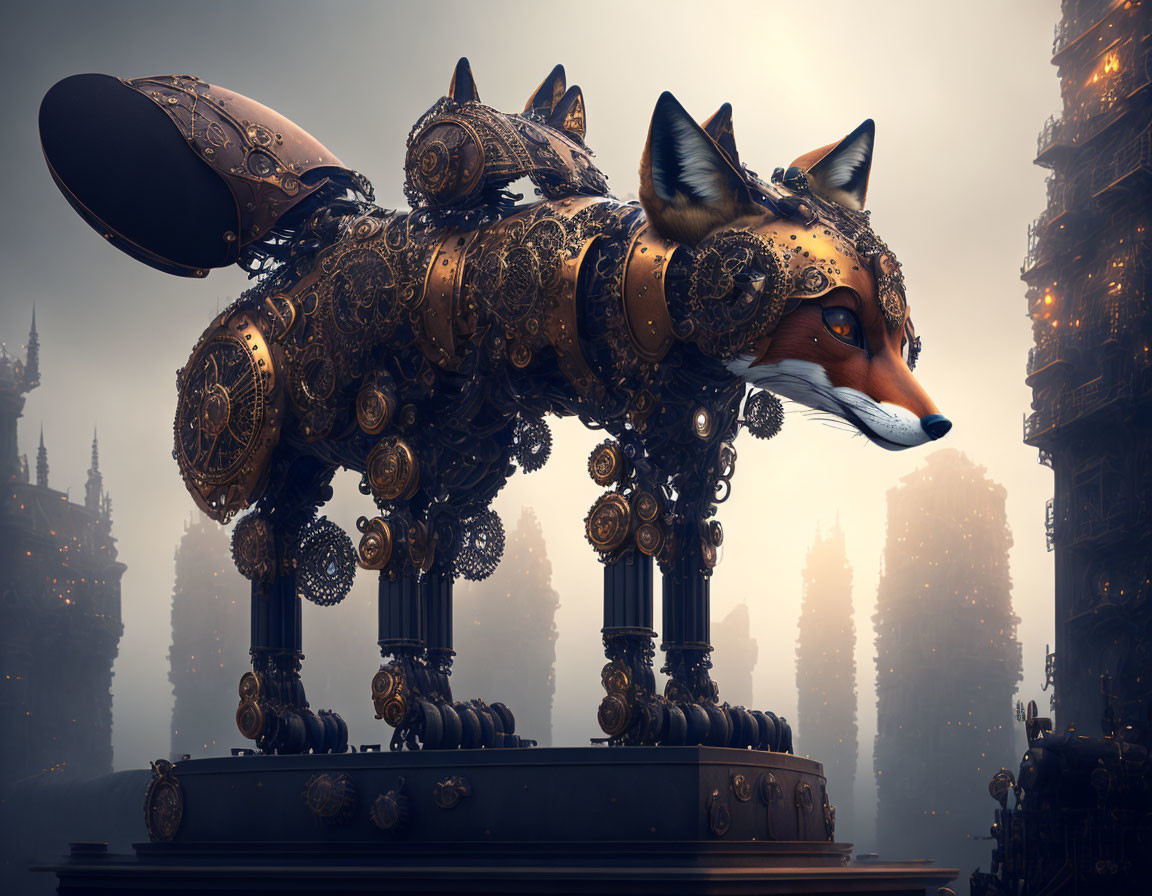 Mechanical steampunk fox on pedestal amid industrial spires