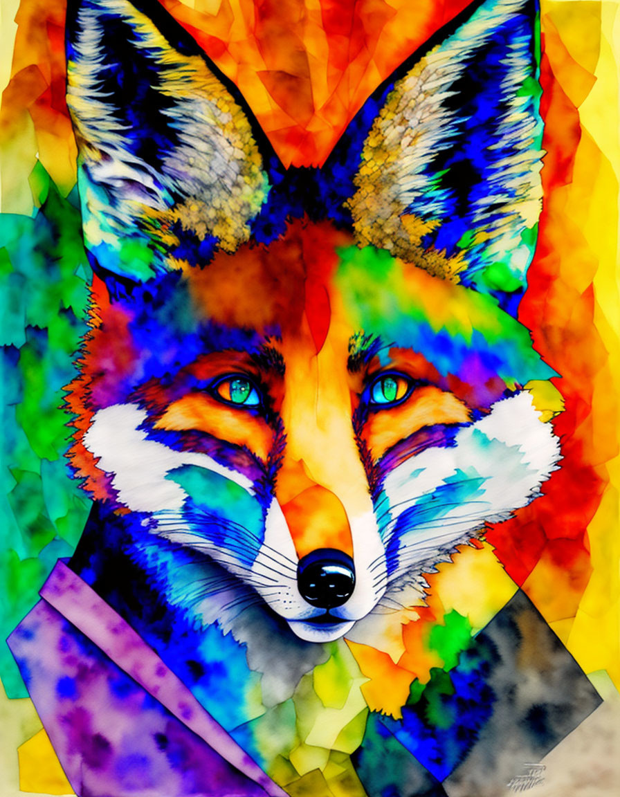 Colorful Watercolor Fox Face Artwork with Multicolored Patterns