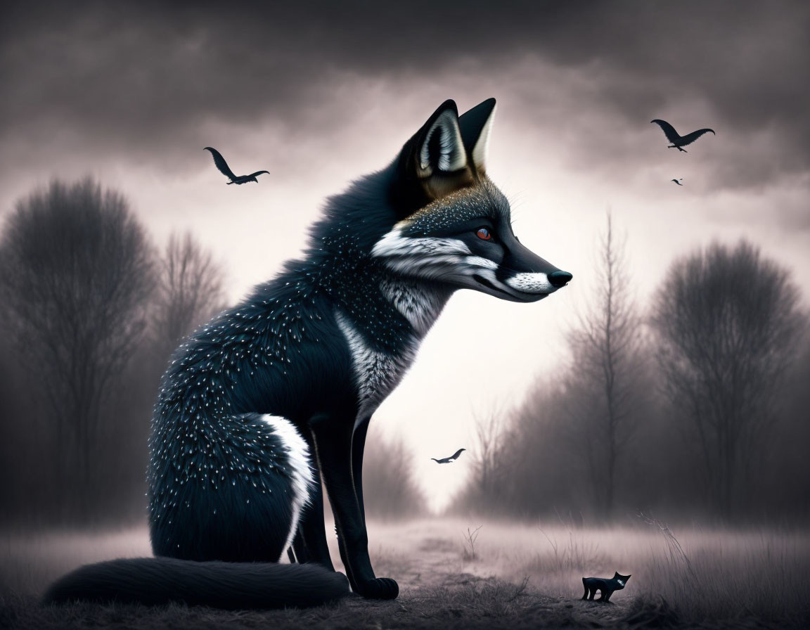 Surreal digital artwork: Oversized fox in misty forest