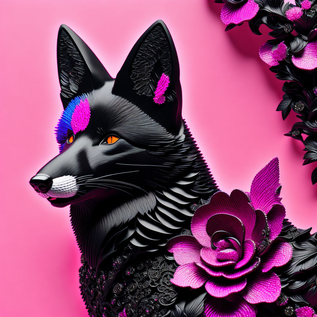 Stylized black fox with purple floral patterns on pink background