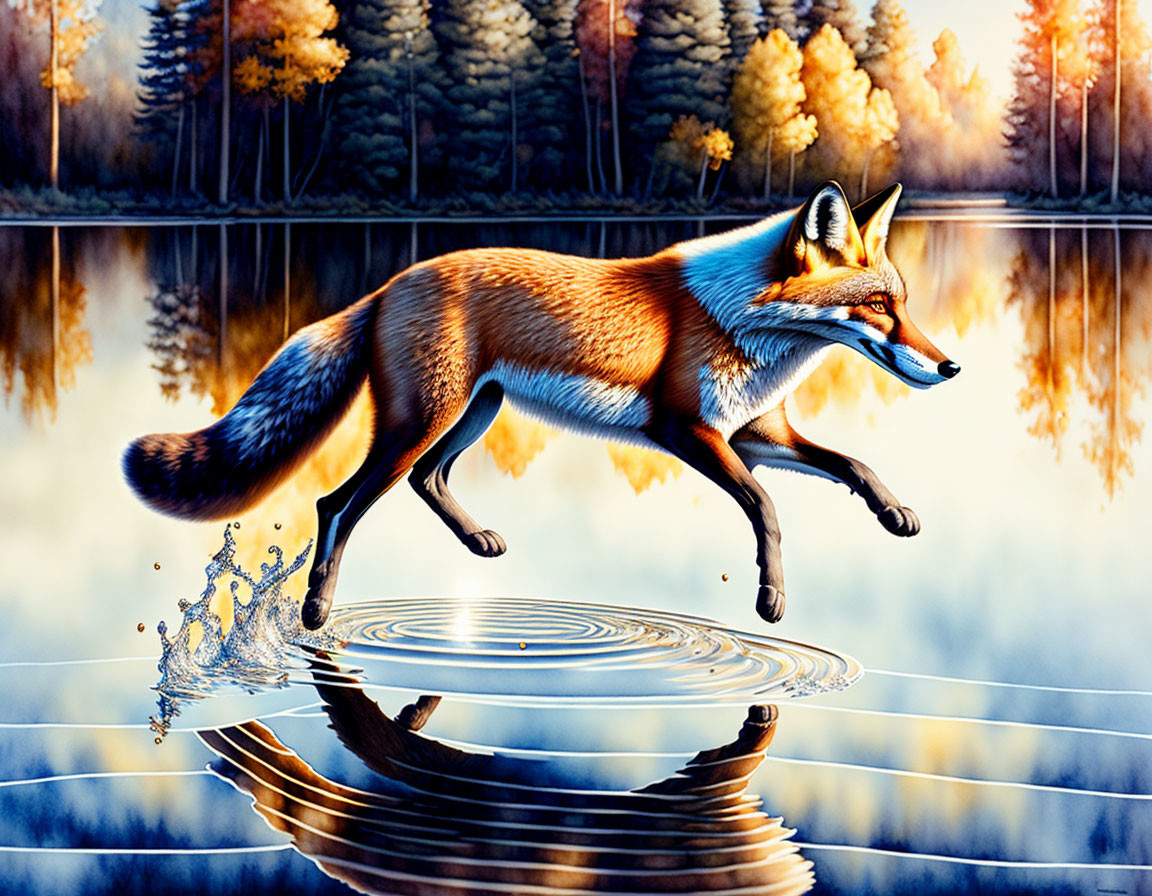 Fox leaping over water with autumn trees in mirrored landscape