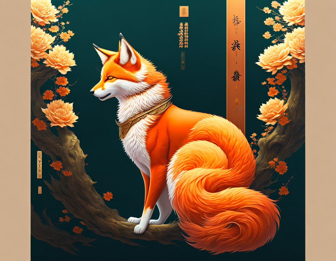 Stylized orange fox illustration with lush tail on branch amidst golden flowers on dark teal background.