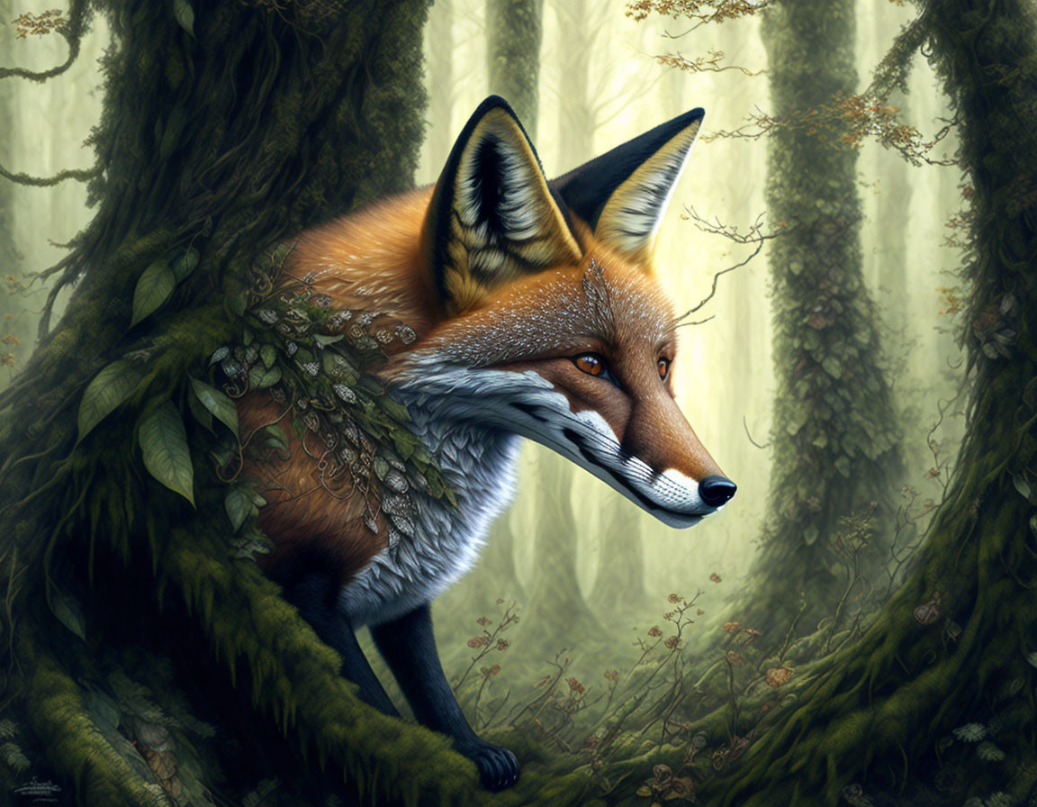 Detailed digital painting of a fox in misty forest with intricate fur and small plant, surrounded by moss