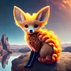 Stylized fox on rock against surreal sunset sky