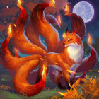 Vibrant fox with luminous orange tails in mystical forest landscape