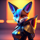 Anthropomorphic fox character in futuristic attire against orange backdrop