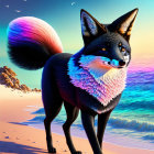 Vibrant fox illustration on beach at sunset