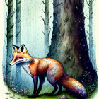 Vibrant fox in mystical forest with towering trees & blue-green palette