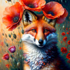 Detailed painting of red fox and poppies with rich colors