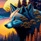 Detailed wolf illustration with forest and mountain landscape in fur under full moon