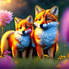 Colorful Meadow: Vibrant Stylized Foxes in Soft Light