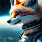 Futuristic fox in sci-fi armor against cityscape at dusk