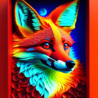 Intricate multicolored paper art of a fox in red frame