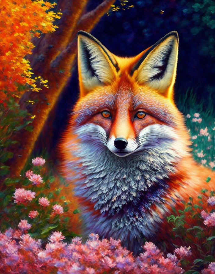 Colorful Fox Among Pink Flowers and Autumn Trees