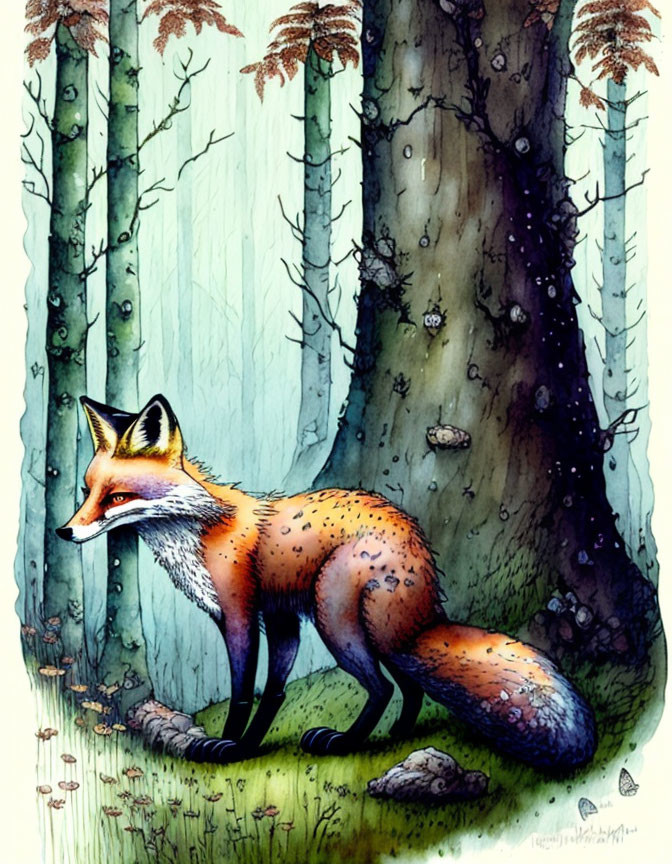 Vibrant fox in mystical forest with towering trees & blue-green palette