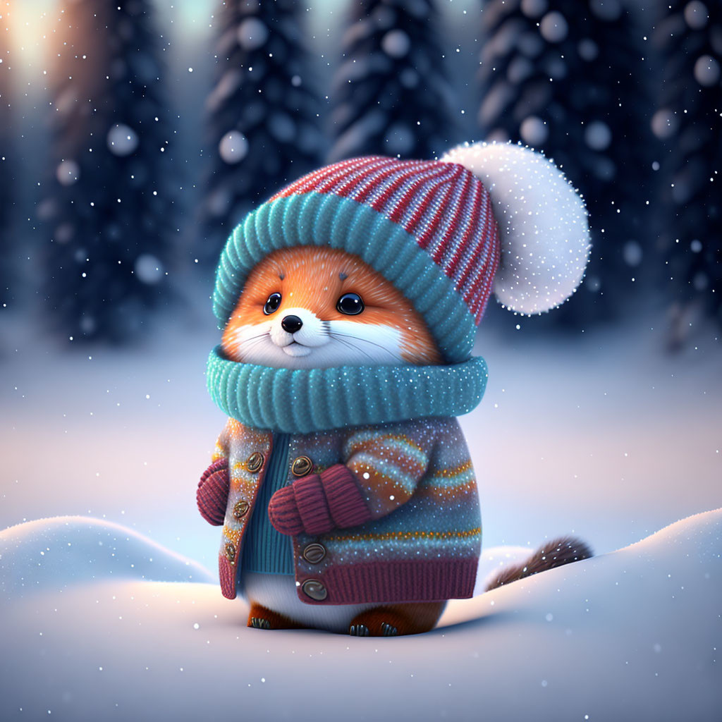 Anthropomorphic red panda in knitted winter attire in snowy landscape