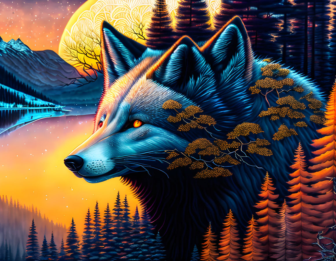 Detailed wolf illustration with forest and mountain landscape in fur under full moon