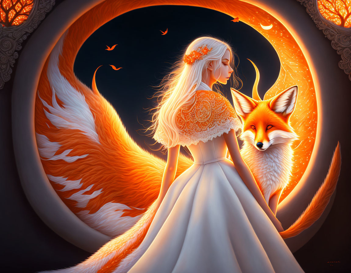 Woman in white ornate dress with fox under crescent moon in autumn setting