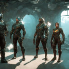 Four individuals in futuristic armor in high-tech hangar