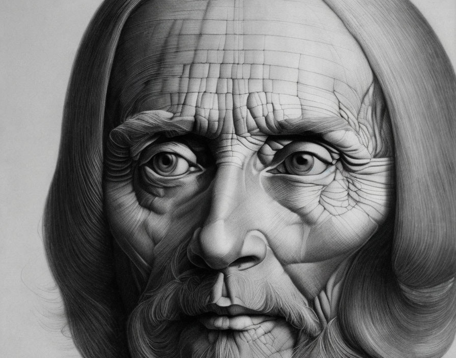 Hyper-realistic black and white pencil drawing of an older man with intense gaze and facial lines.