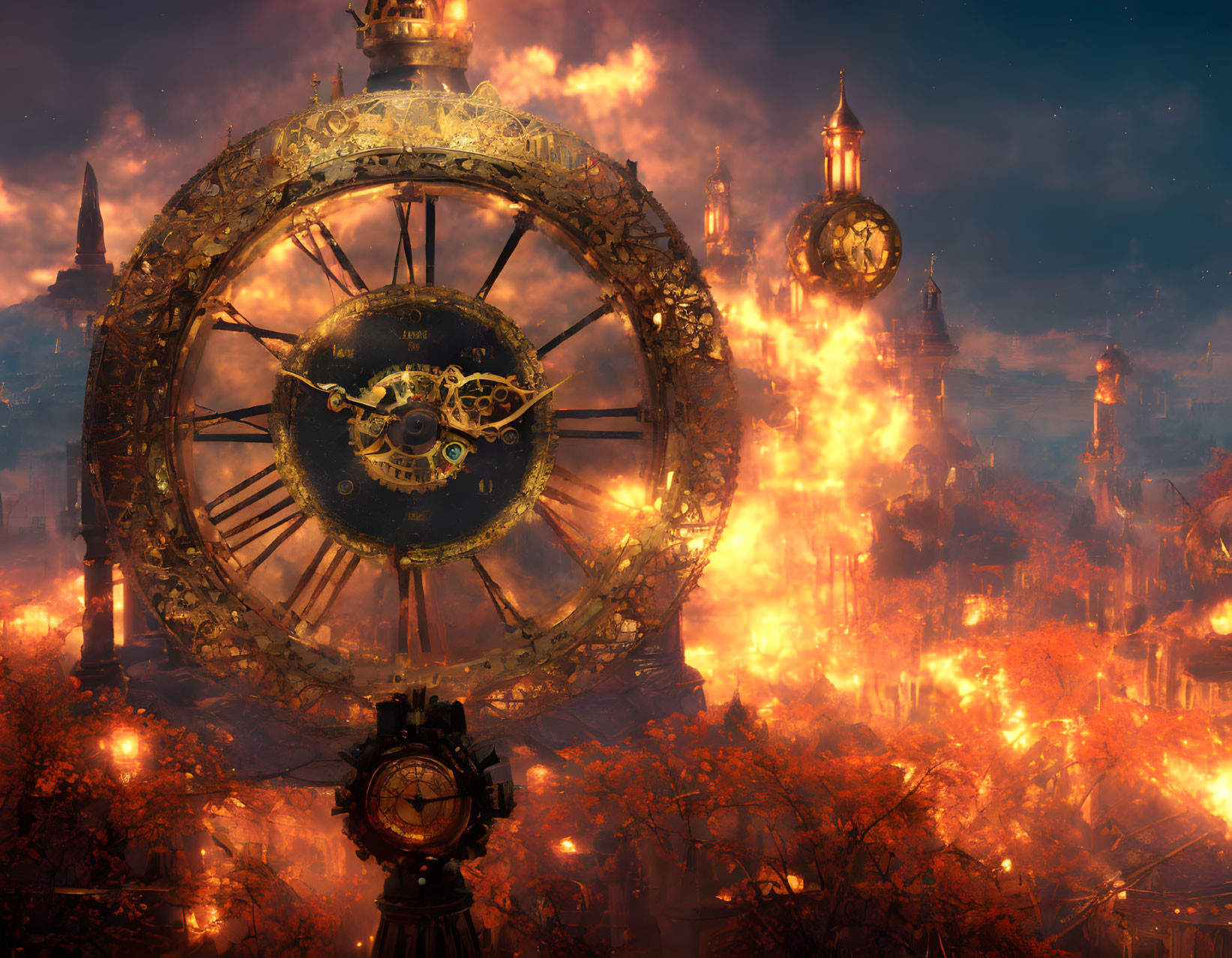 Ornate clock with golden gears against fiery dystopian cityscape