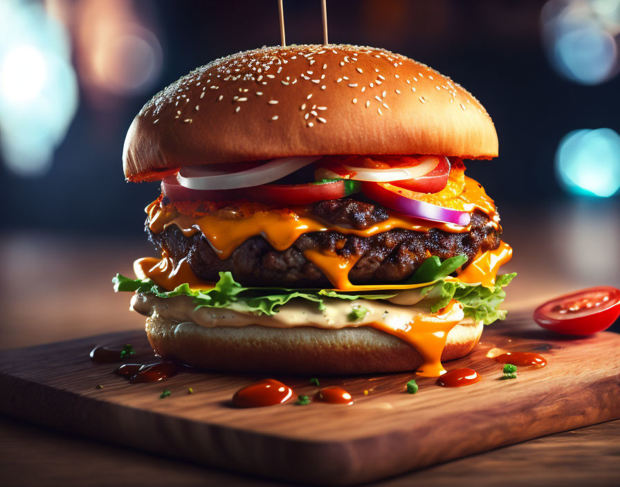 Double Cheeseburger with Lettuce, Tomato, Onions, and Condiments on Wooden Board