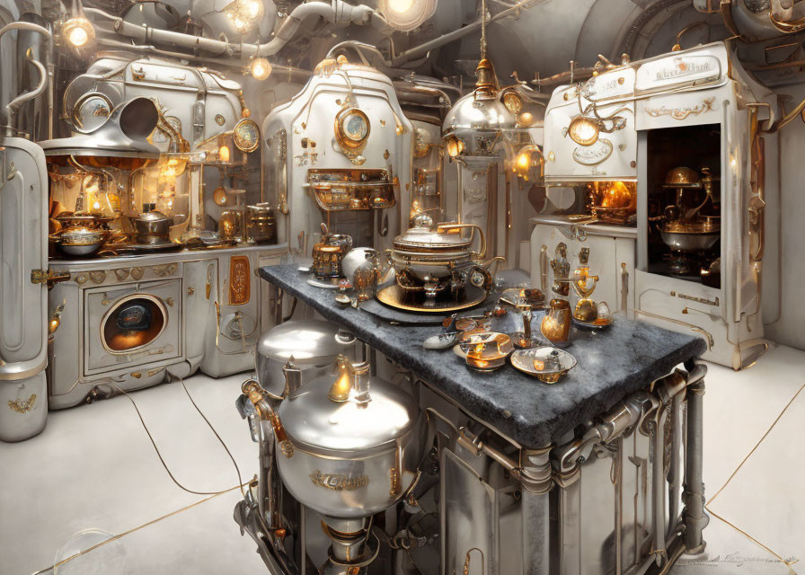 Steampunk-style kitchen with brass appliances and elegant utensils