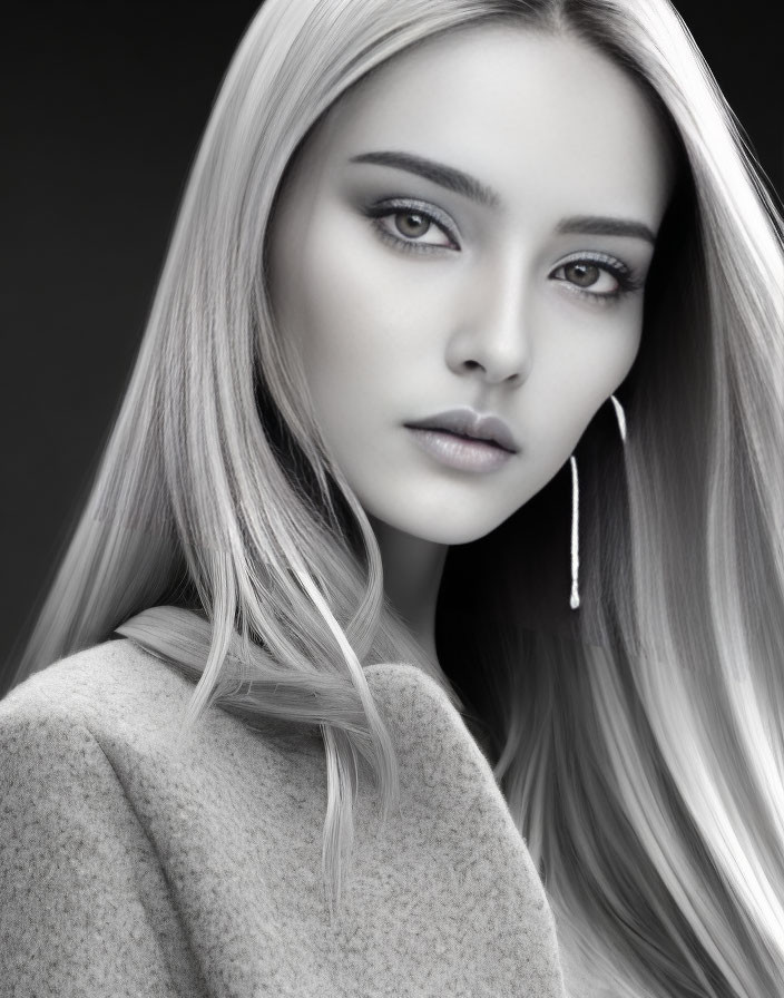 Young woman with long blonde hair and captivating eyes in gray top and drop earrings against dark background.