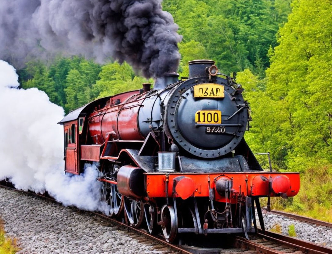 Vintage Black and Red Steam Locomotive Emitting Smoke on Railway Track