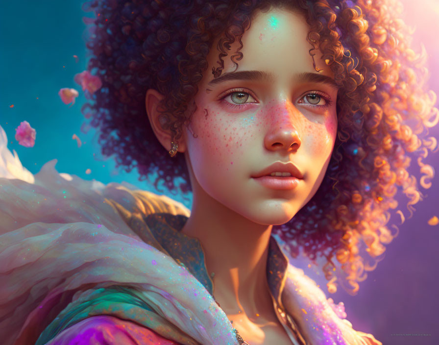 Young person with curly hair and green eyes in colorful, fantasy setting