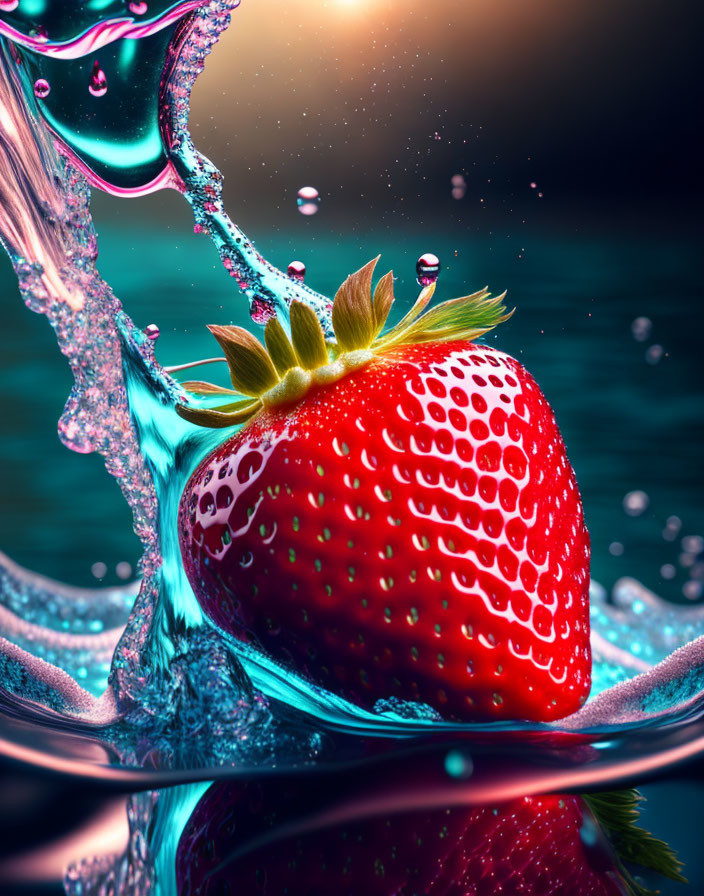 Colorful Strawberry with Splashing Water in Moody Setting