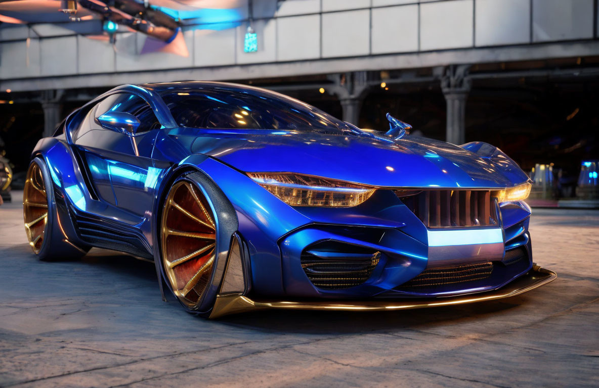 Futuristic Blue Sports Car with Gold Details in Industrial Setting