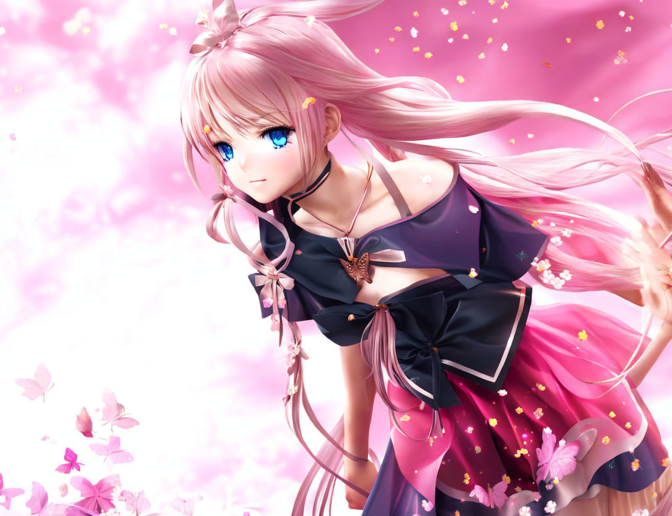 Pink-haired animated character in black and purple outfit with blue eyes and sakura petals.