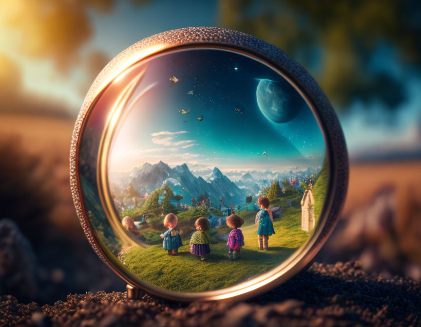 Fantasy mirror with starry night sky, mountains, children, and woman in lush landscape