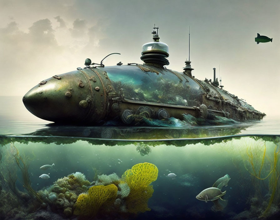 Partially Submerged Old Submarine in Tranquil Sea