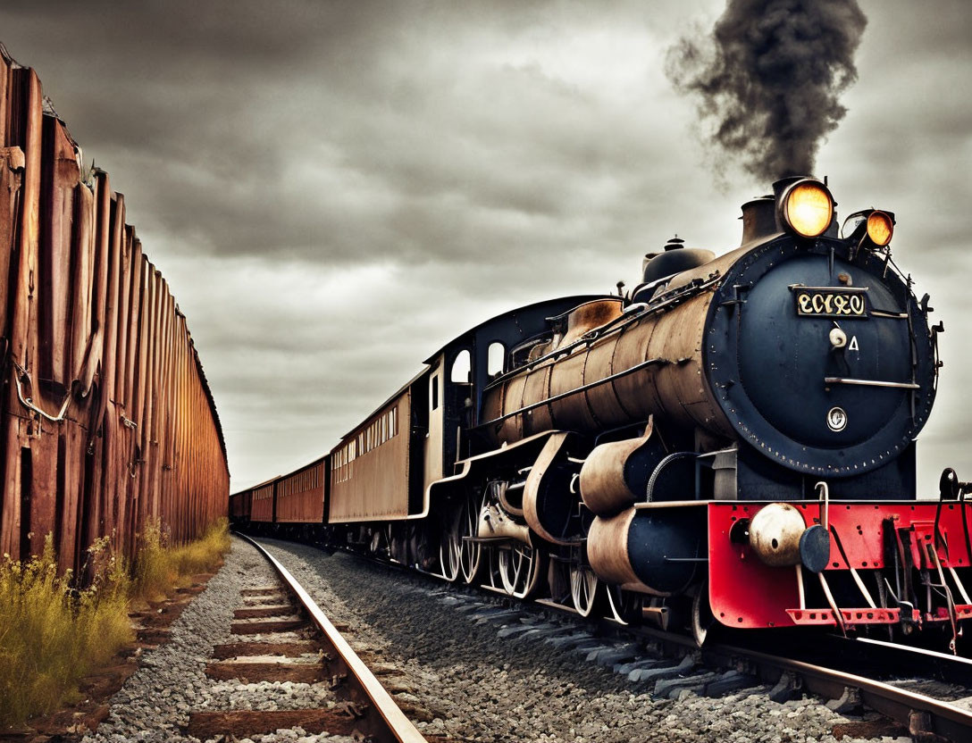 Vintage Steam Locomotive on Tracks with Billowing Smoke and Dramatic Sky