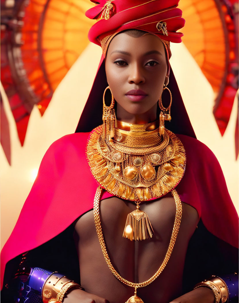 Elaborate golden jewelry and red headpiece on woman against patterned backdrop