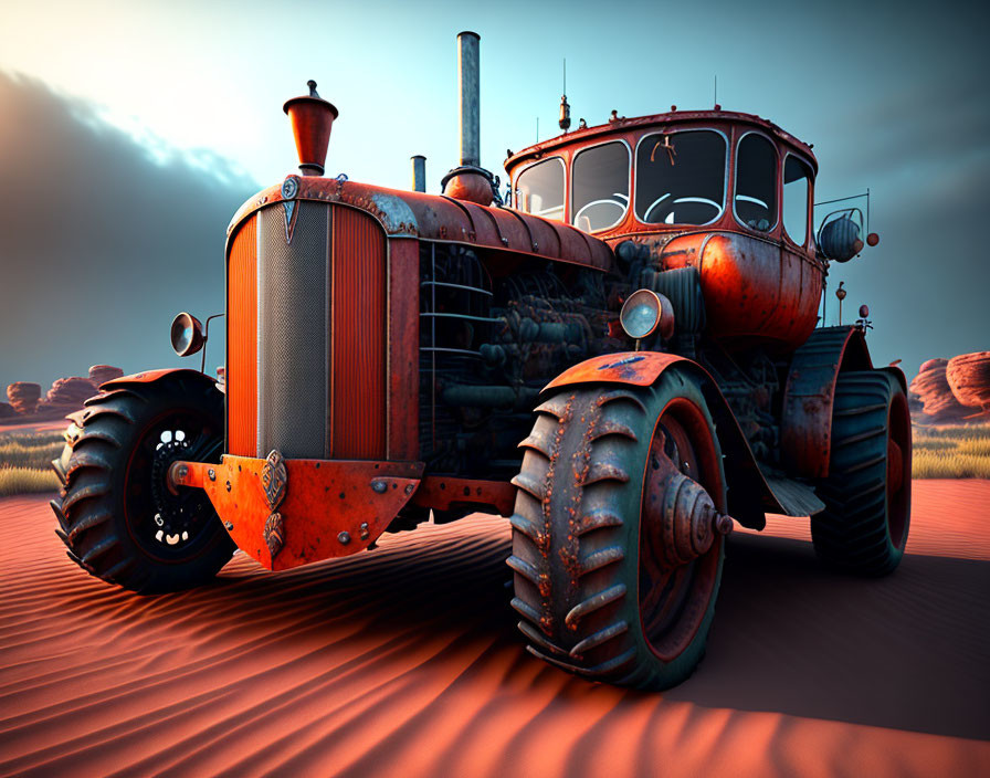 Vintage Red Tractor on Sandy Terrain at Dusk