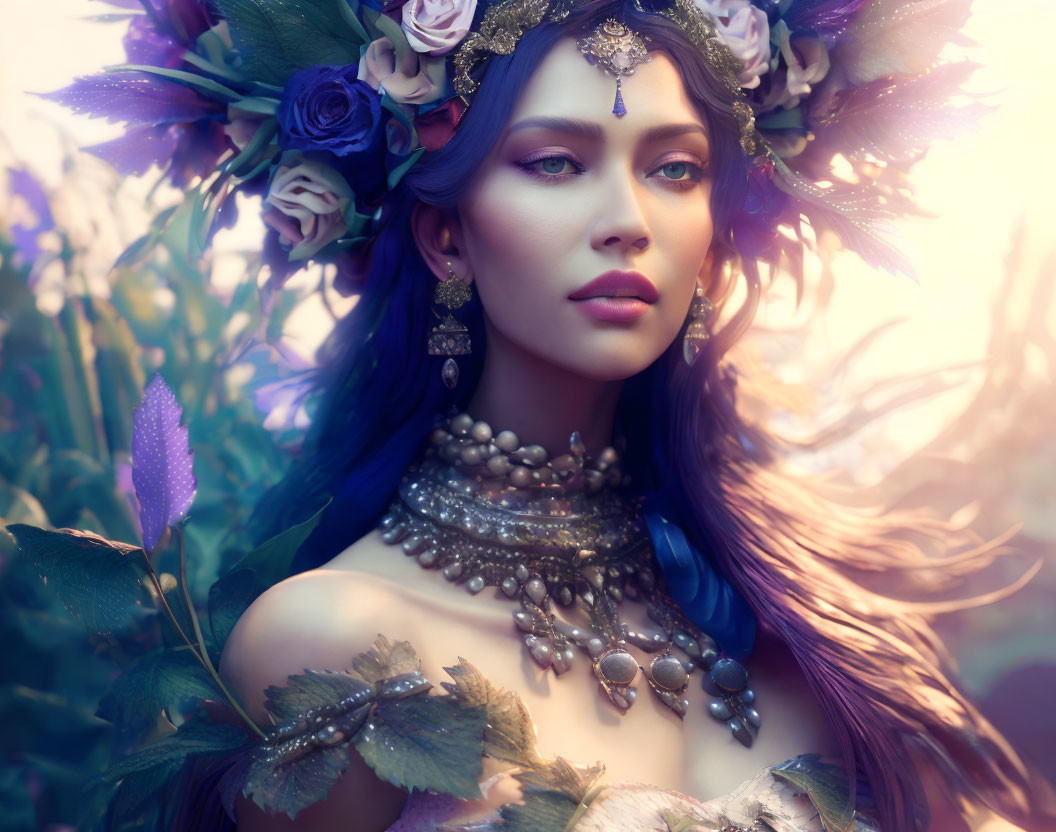 Blue-skinned woman in floral crown with jewelry against ethereal backdrop