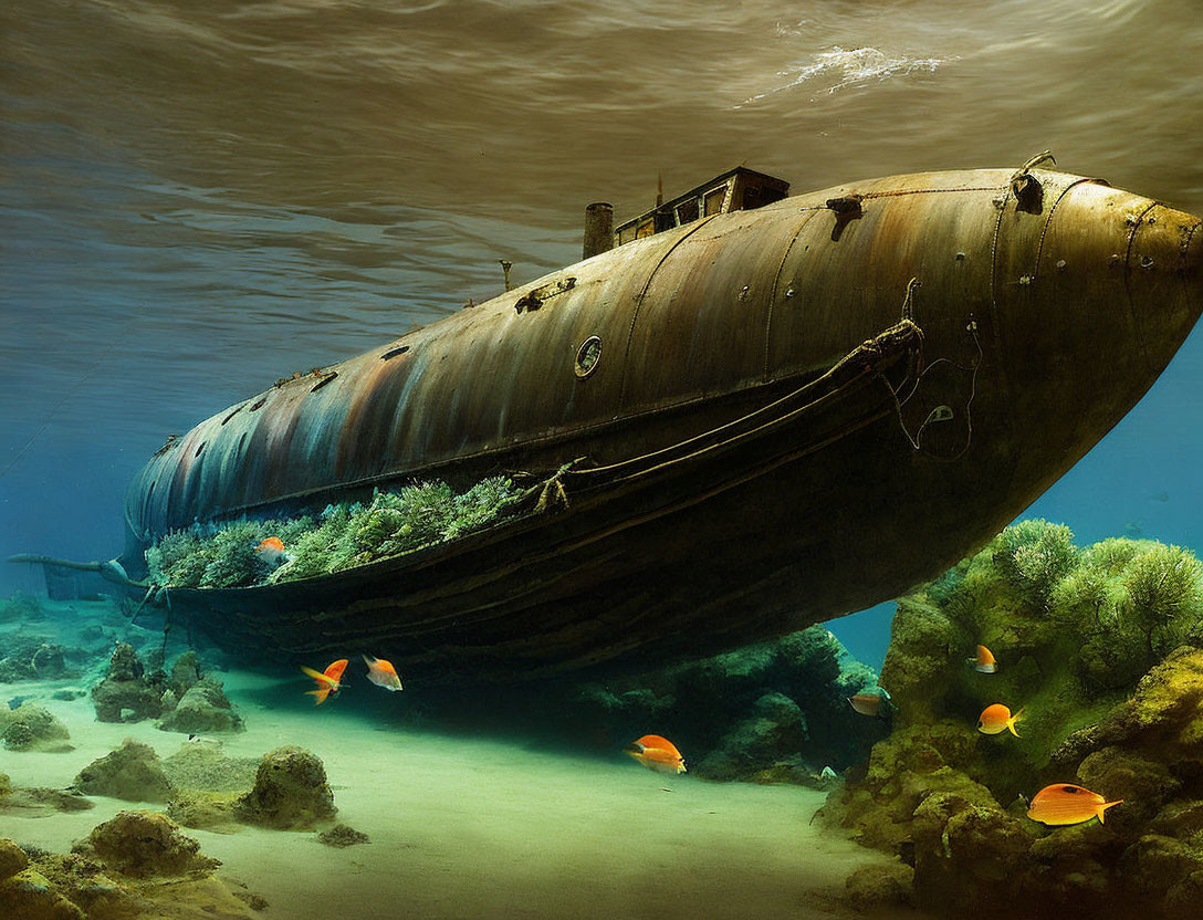 Sunken submarine surrounded by coral and fish in ocean depths