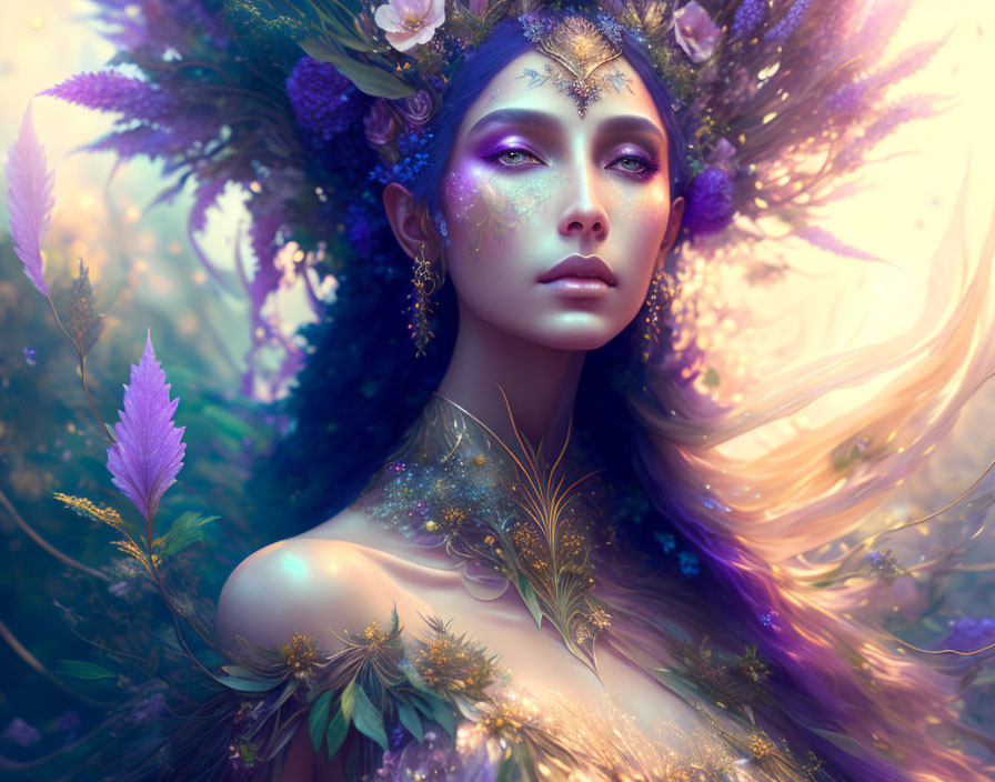 Fantasy portrait of woman with floral headwear in mystical setting