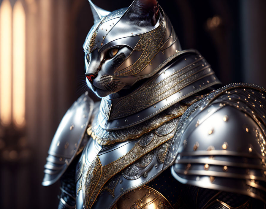 Humanoid Cat in Medieval Silver Armor with Gold Detailing