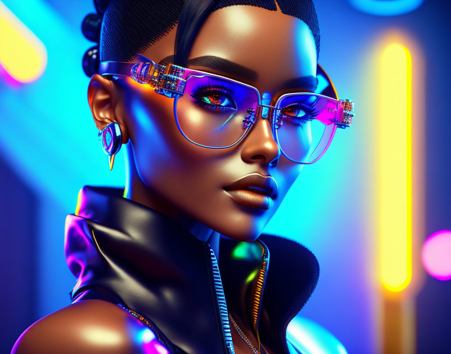 Digital artwork: Woman with stylish glasses and earrings in vibrant neon light reflections